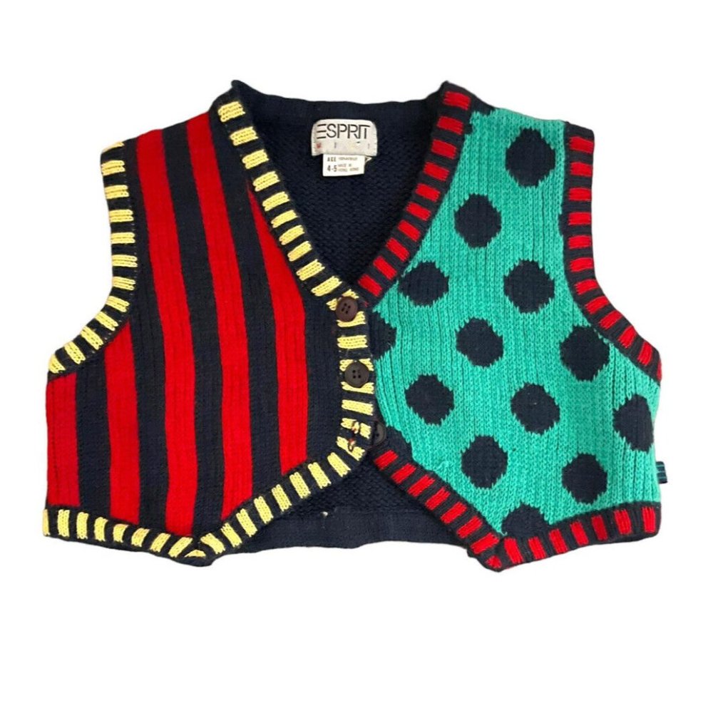 Esprit 4/5 Girls Knit Sweater Vest Colorblock Red Navy Yellow Green Vintage
